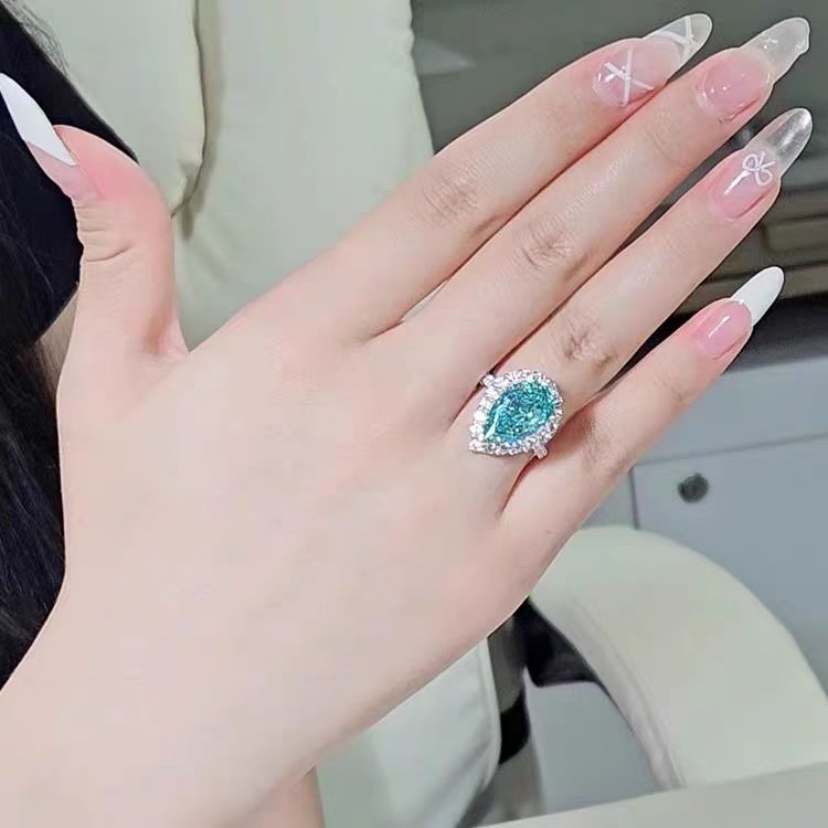 New Luxury Cultivated Water Drop Paraiba 8 Carat Diamond Ring Sterling Silver Gold Plated Jewelry