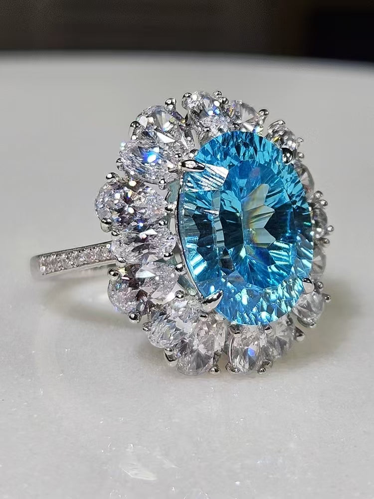 New Luxury Jewelry Exhibition Designer Glacier Blue 10 Carat Diamond Ring 925 Silver Plated White Gold