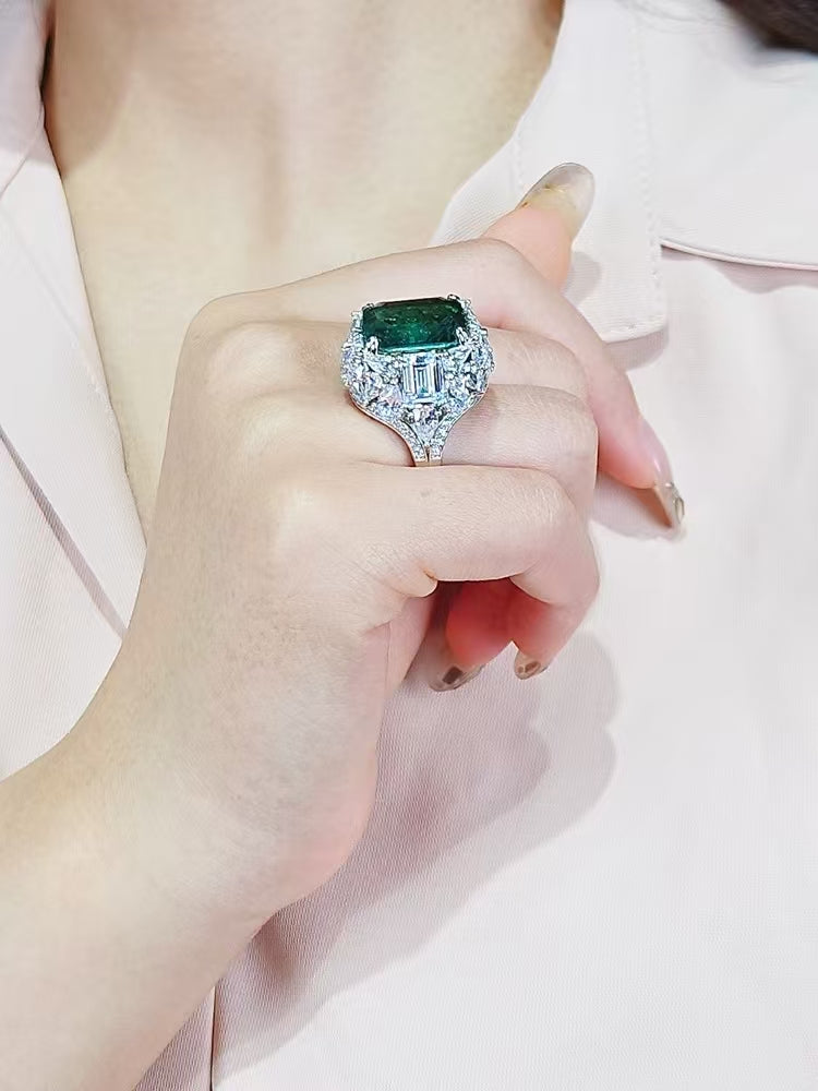 Designer Cultured Colombian Emerald 8 Carat Diamond Ring Sterling Silver Gold Plated Ring Jewelry