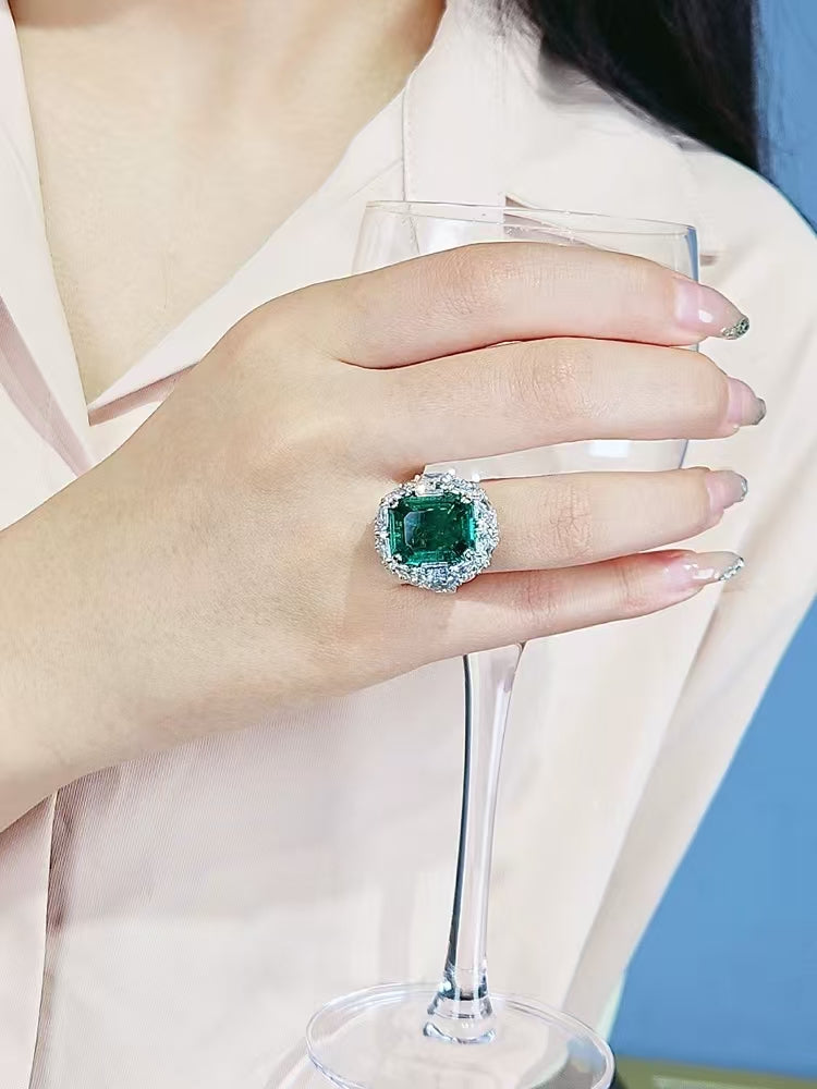 Designer Cultured Colombian Emerald 8 Carat Diamond Ring Sterling Silver Gold Plated Ring Jewelry