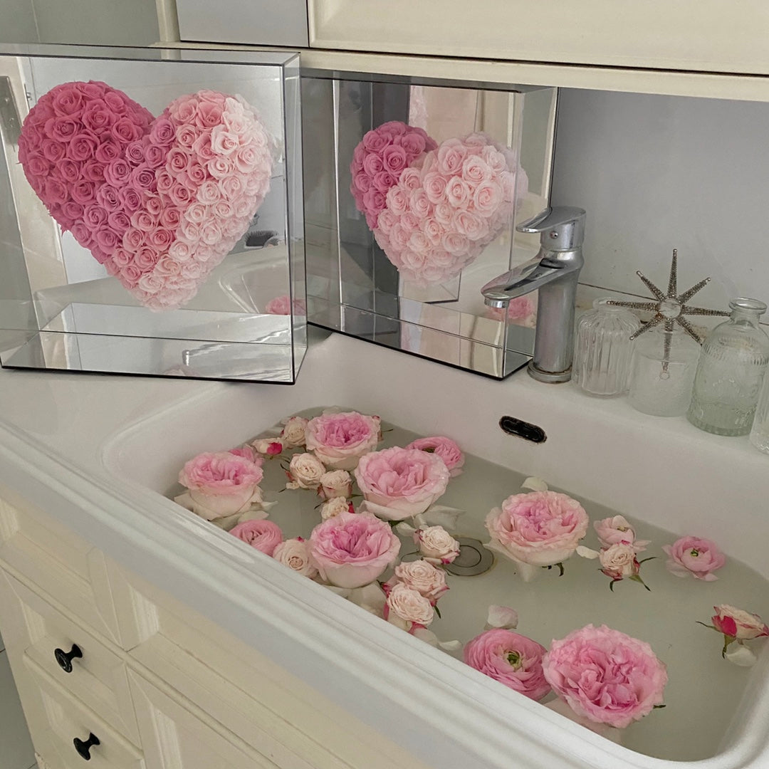 Everlasting Preserved Rose Mirror Heart - Forever Blooming Valentine's Gift for Her, Self-Adhesive Romantic Decor