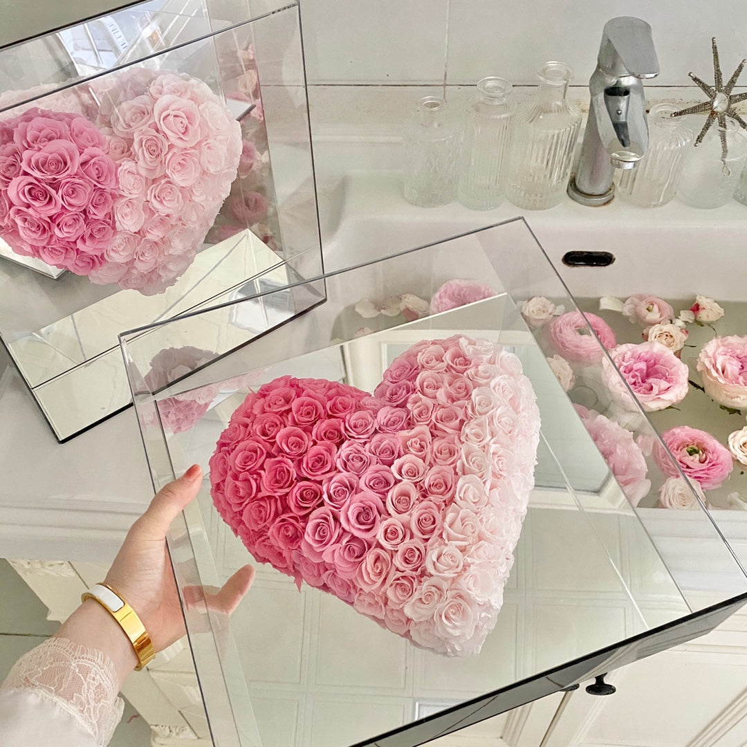 Everlasting Preserved Rose Mirror Heart - Forever Blooming Valentine's Gift for Her, Self-Adhesive Romantic Decor