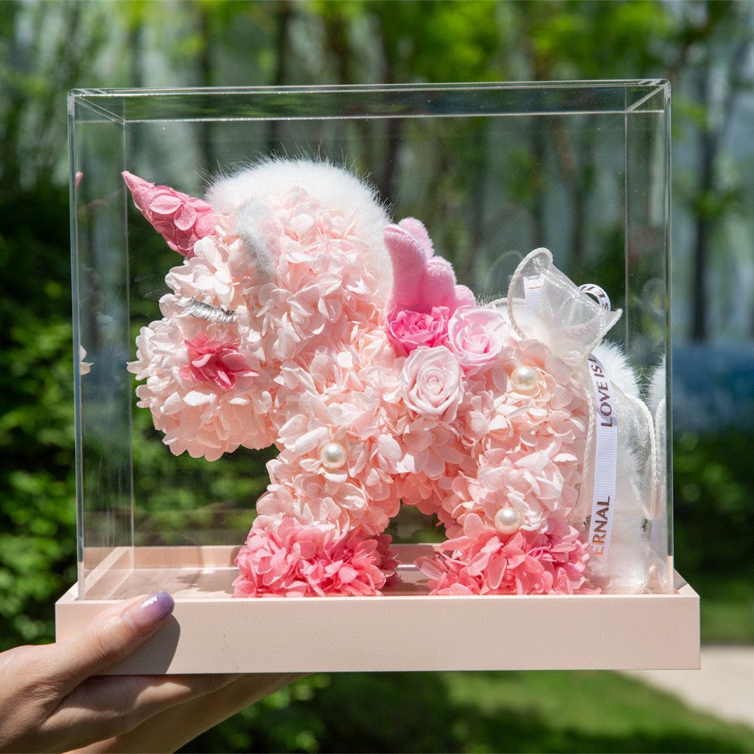 Personalized Unicorn with Preserved Flowers - Custom Name Gift for Baby Shower, Christmas, Special Occasions