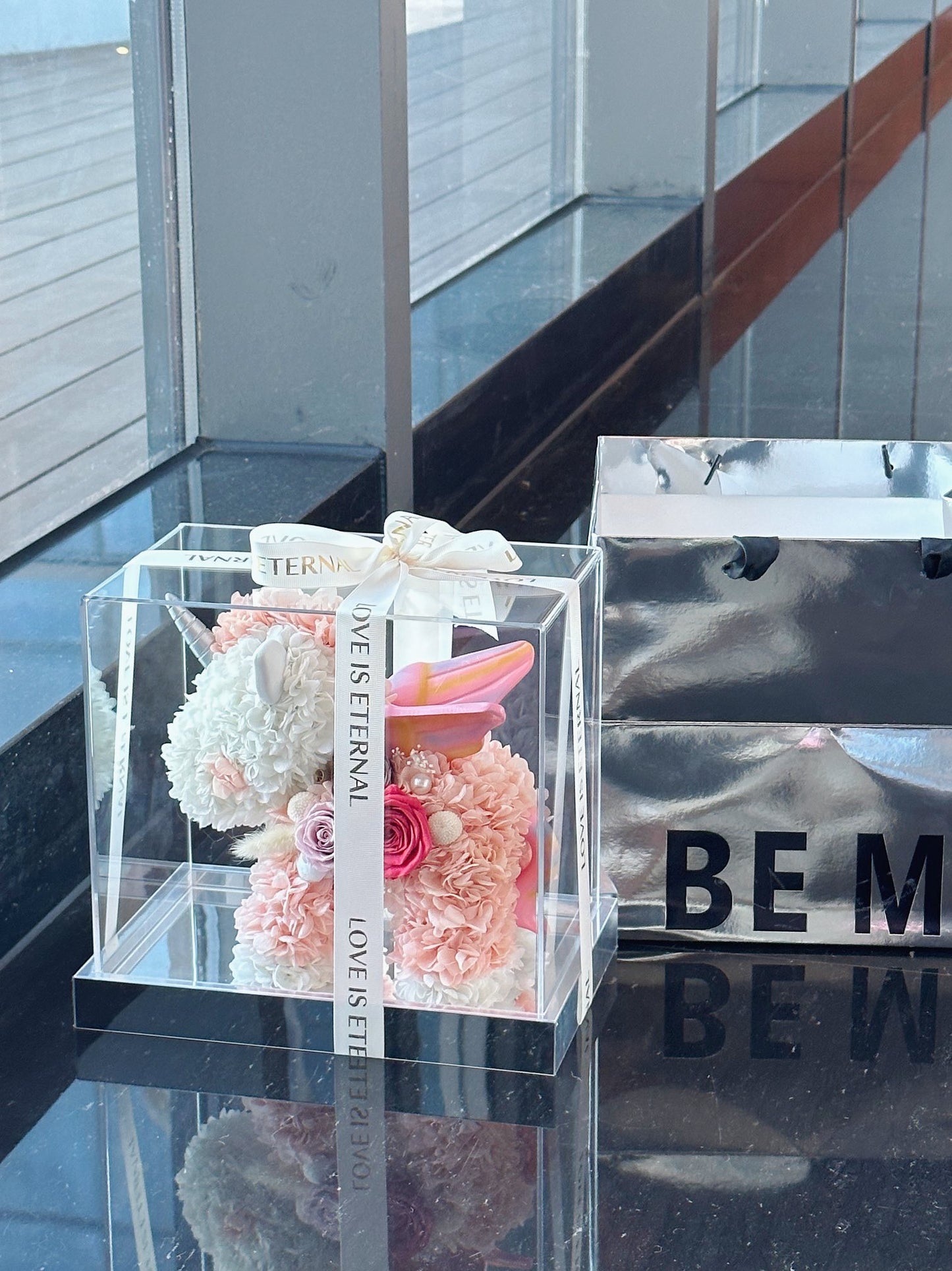 Forever Love" Real Touch Rose Unicorn Sculpture - Elegant Anniversary Gift, Never Withers, A Timeless Promise