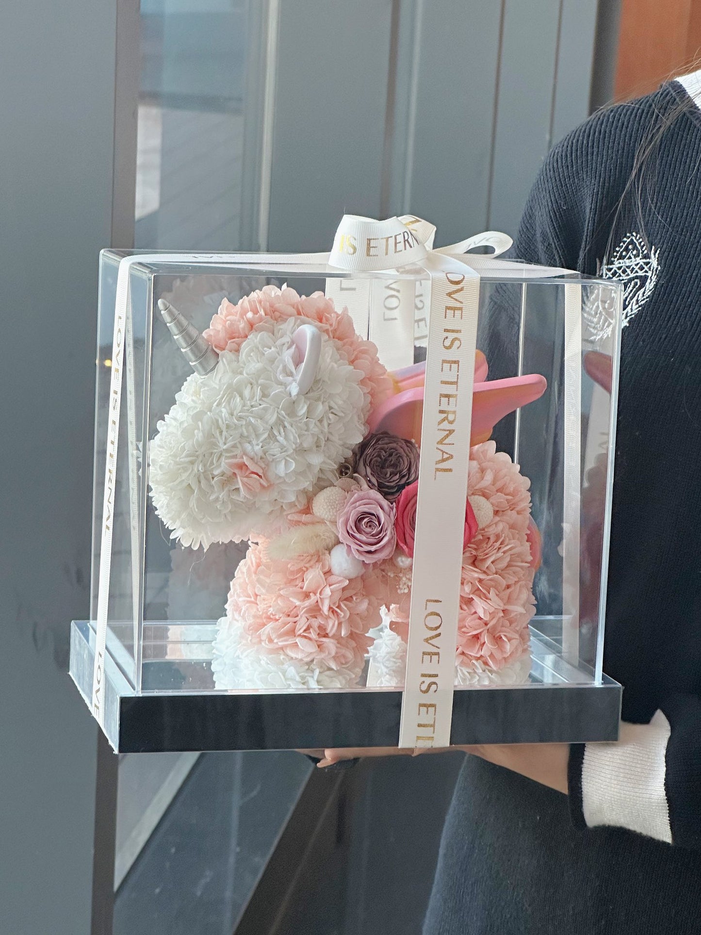 Forever Love" Real Touch Rose Unicorn Sculpture - Elegant Anniversary Gift, Never Withers, A Timeless Promise