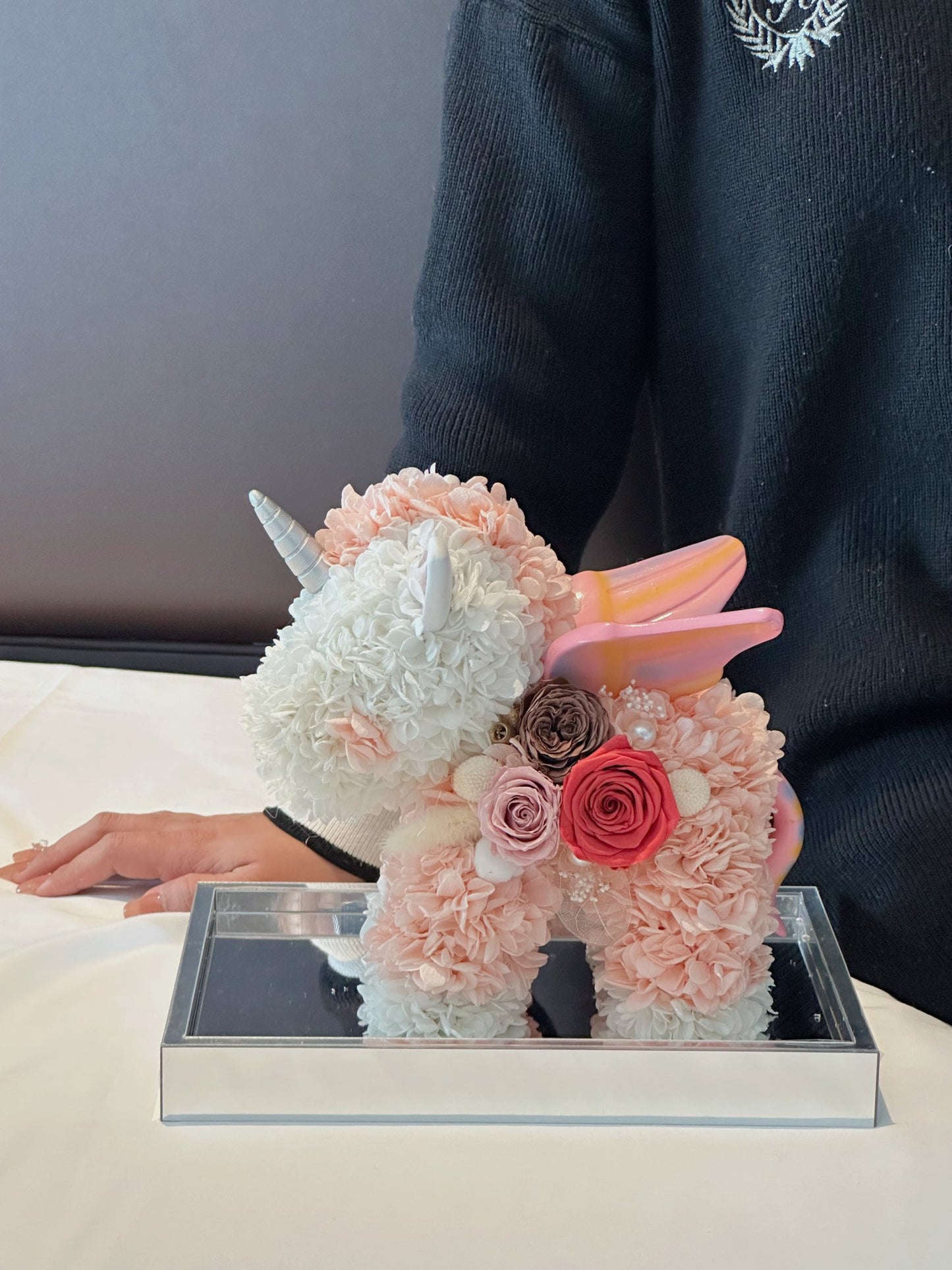 Forever Love" Real Touch Rose Unicorn Sculpture - Elegant Anniversary Gift, Never Withers, A Timeless Promise