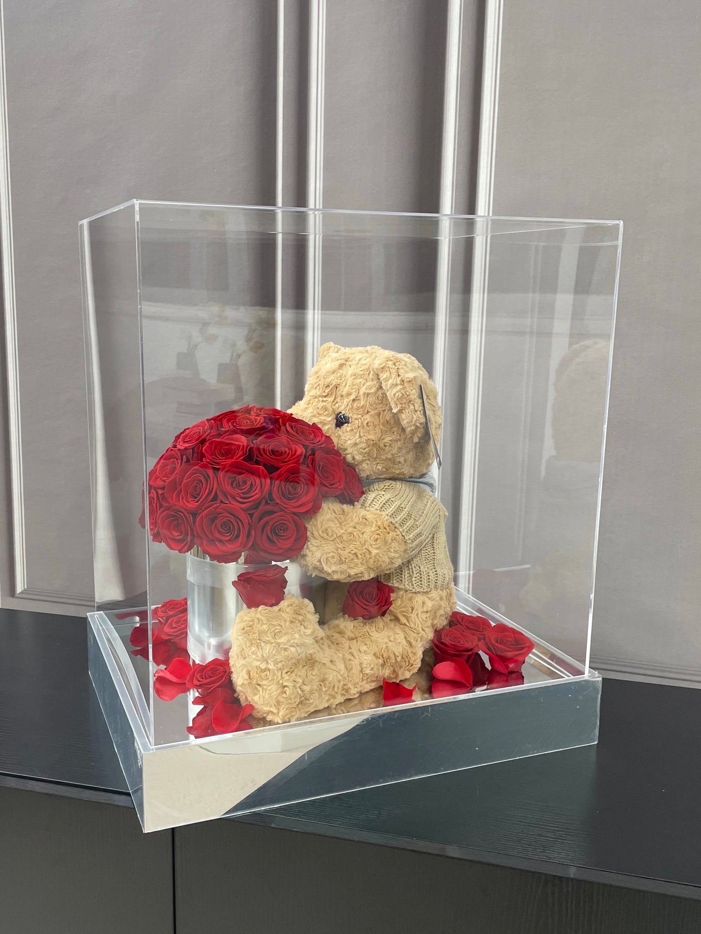 Teddy Bear Preserved Rose Hug Bucket - Everlasting love, timeless gift, ideal for birthdays and "just because" surprises