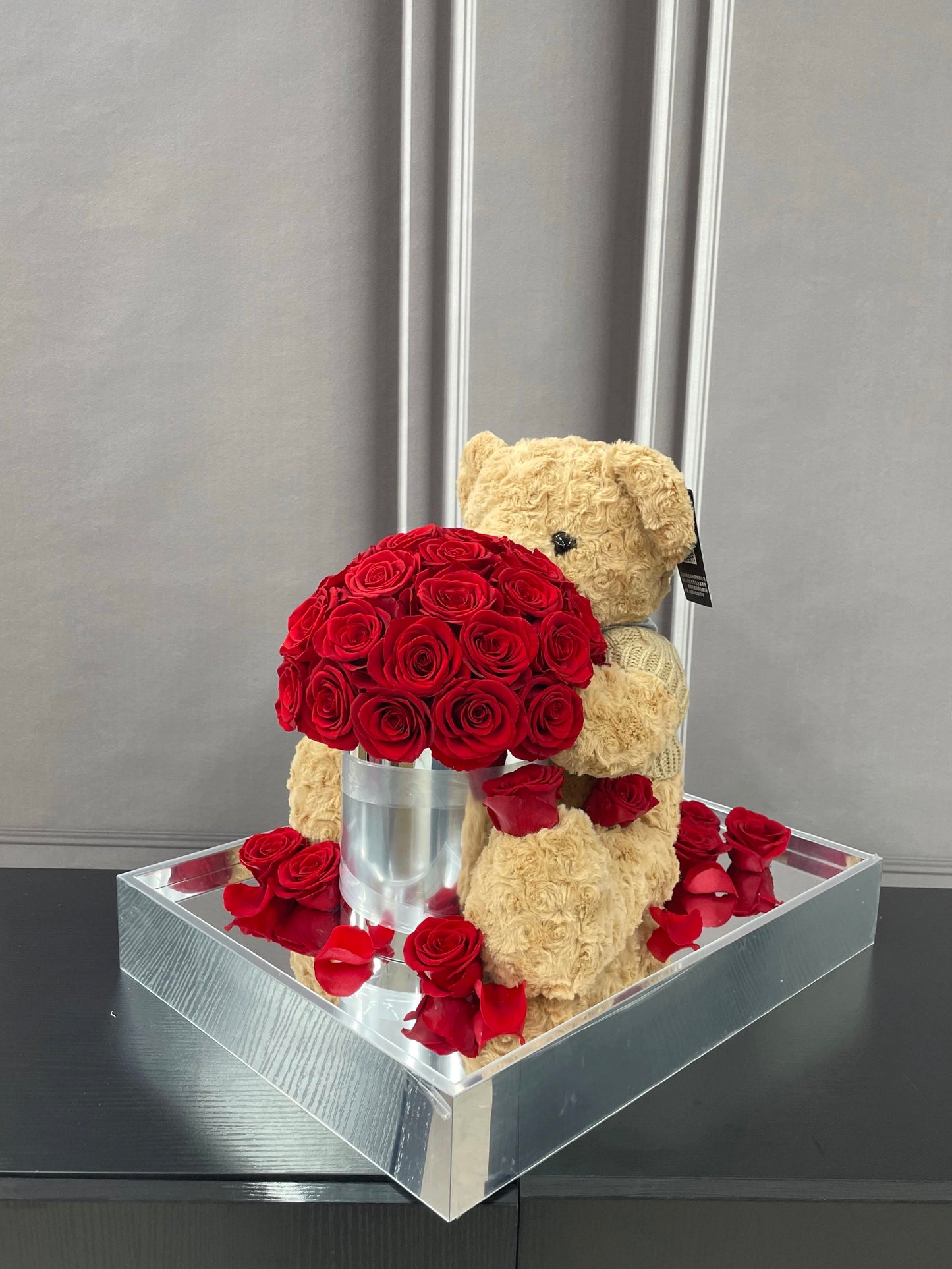 Teddy Bear Preserved Rose Hug Bucket - Everlasting love, timeless gift, ideal for birthdays and "just because" surprises