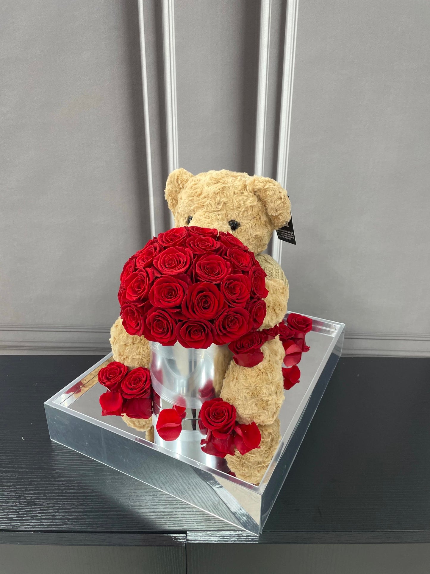 Teddy Bear Preserved Rose Hug Bucket - Everlasting love, timeless gift, ideal for birthdays and "just because" surprises