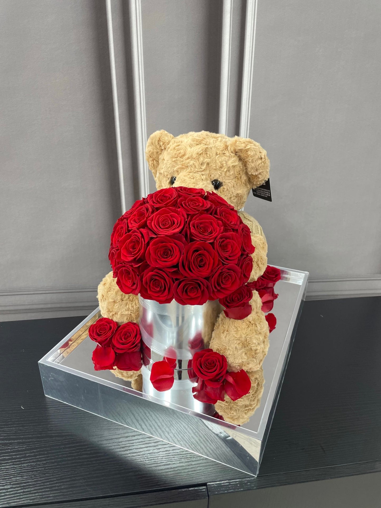 Teddy Bear Preserved Rose Hug Bucket - Everlasting love, timeless gift, ideal for birthdays and "just because" surprises