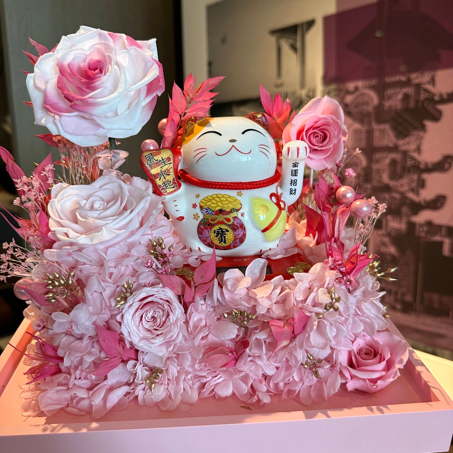 Preserved flower lucky cat and preserved flower garden opening housewarming gift rose lucky ornaments