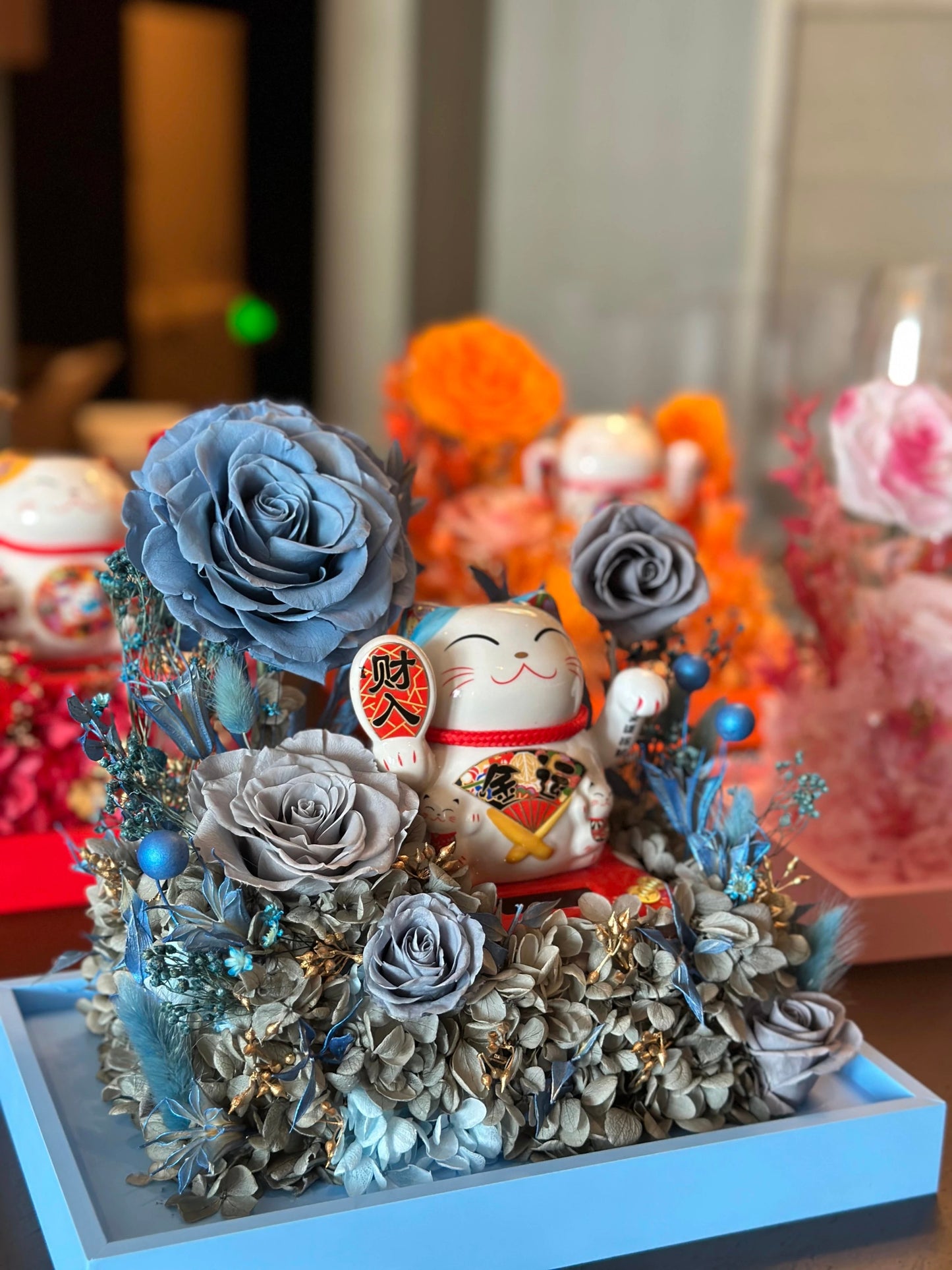 Preserved flower lucky cat and preserved flower garden opening housewarming gift rose lucky ornaments