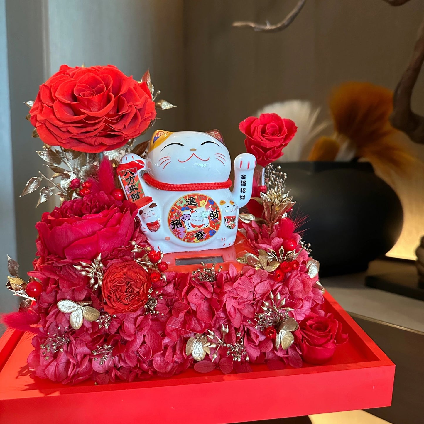Preserved flower lucky cat and preserved flower garden opening housewarming gift rose lucky ornaments