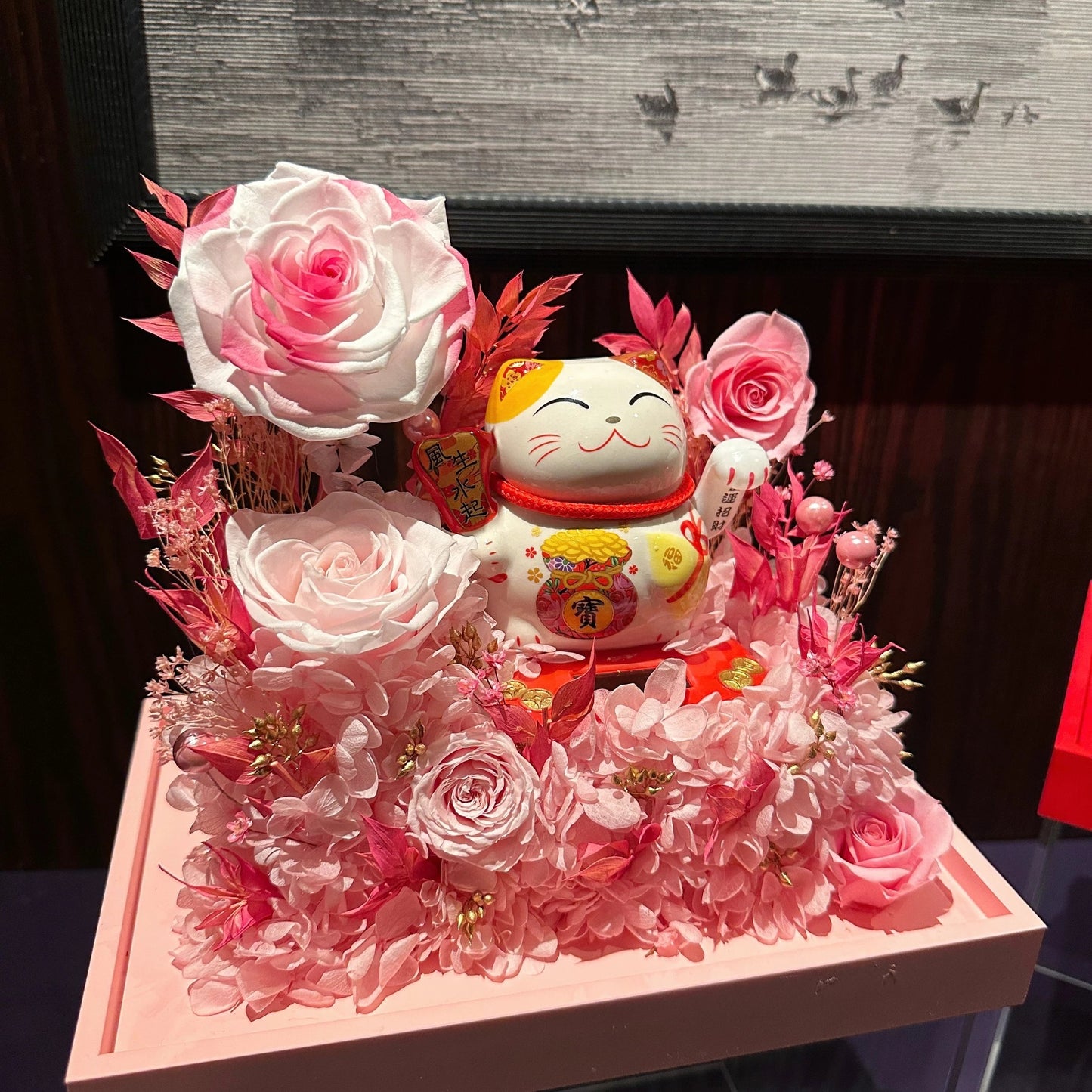 Preserved flower lucky cat and preserved flower garden opening housewarming gift rose lucky ornaments