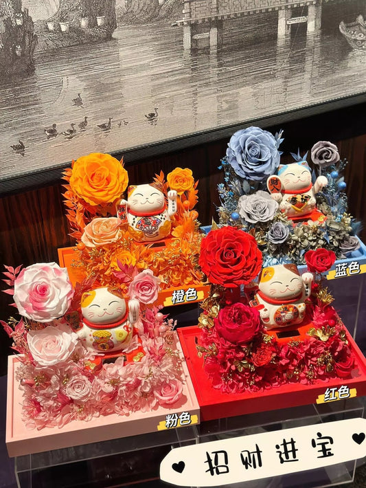 Preserved flower lucky cat and preserved flower garden opening housewarming gift rose lucky ornaments