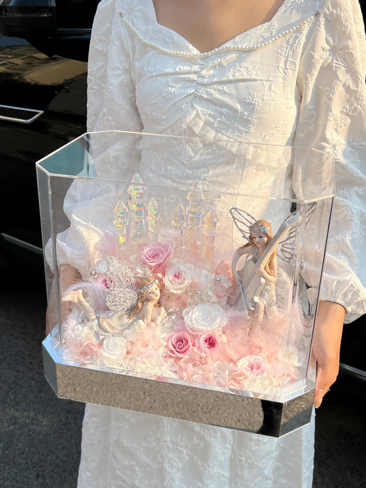 Roses, hydrangeas and angel garden castle for girlfriend proposal gift ornaments