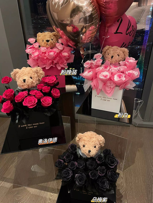 KIARA trendy flower factory Chinese Valentine's Day gift preserved flower rose teddy bear garden ornaments gift for girlfriend