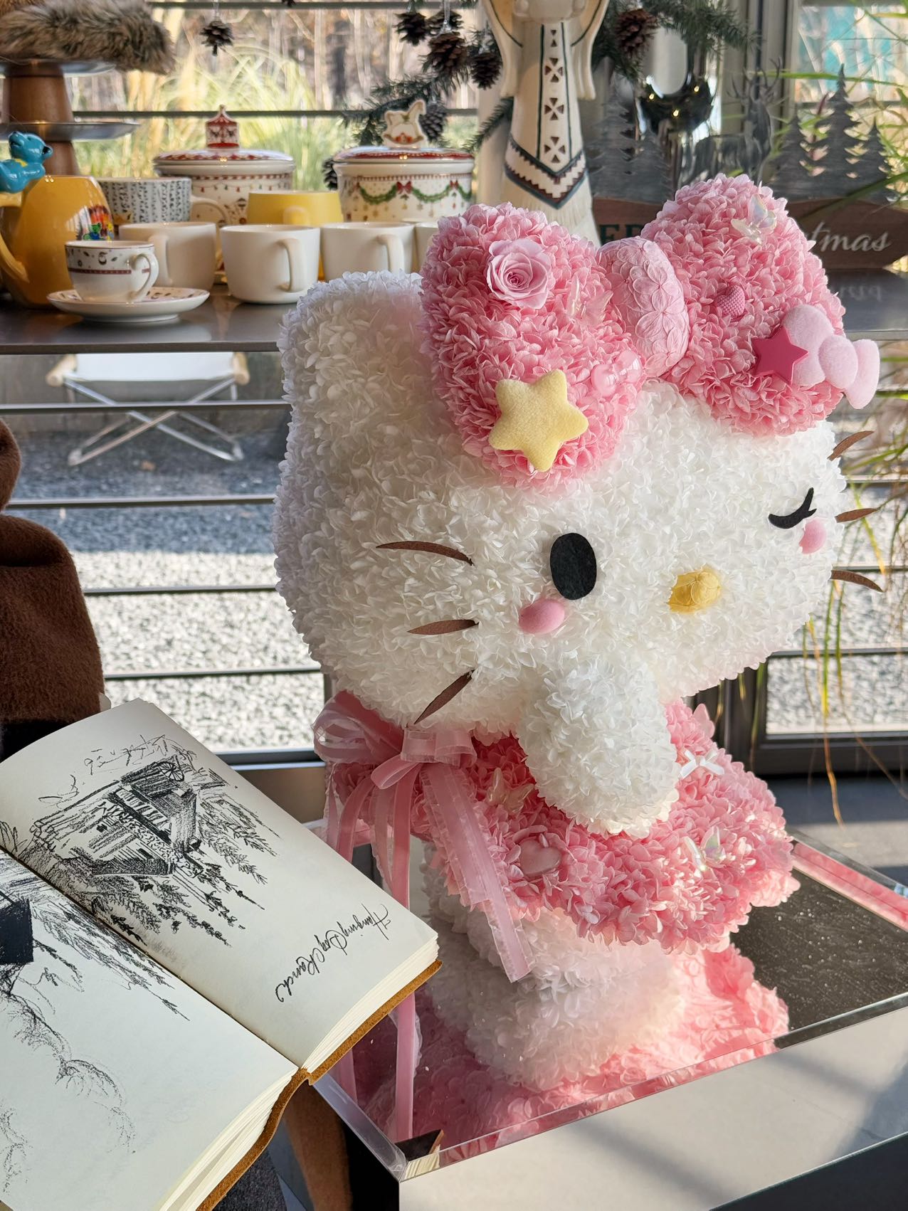  Hello Kitty Doll Crafted of Preserved Flowers - Cute Perpetual Floral Plush, Great for Room & Shelf Deco