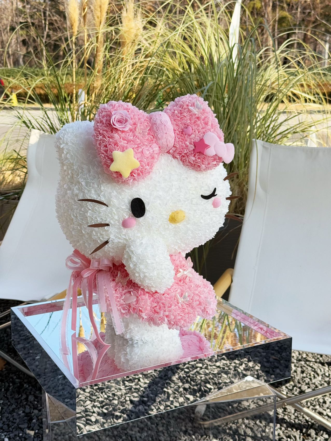  Hello Kitty Doll Crafted of Preserved Flowers - Cute Perpetual Floral Plush, Great for Room & Shelf Deco