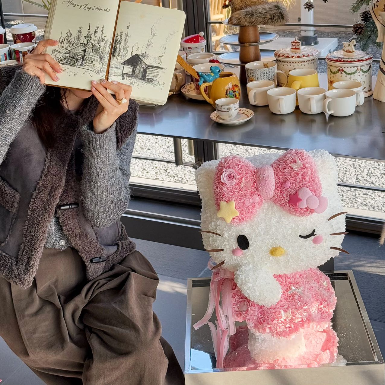  Hello Kitty Doll Crafted of Preserved Flowers - Cute Perpetual Floral Plush, Great for Room & Shelf Deco