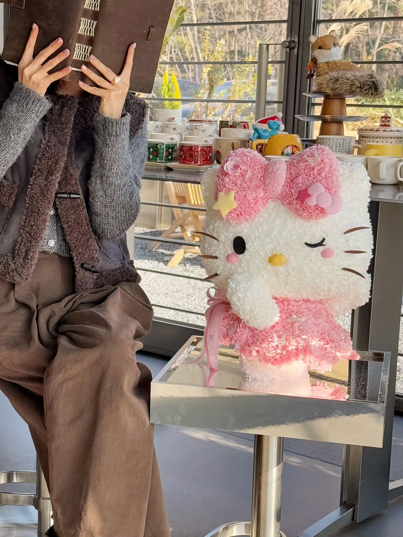  Hello Kitty Doll Crafted of Preserved Flowers - Cute Perpetual Floral Plush, Great for Room & Shelf Deco