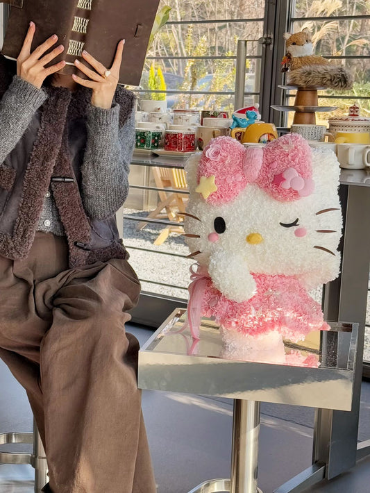  Hello Kitty Doll Crafted of Preserved Flowers - Cute Perpetual Floral Plush, Great for Room & Shelf Deco