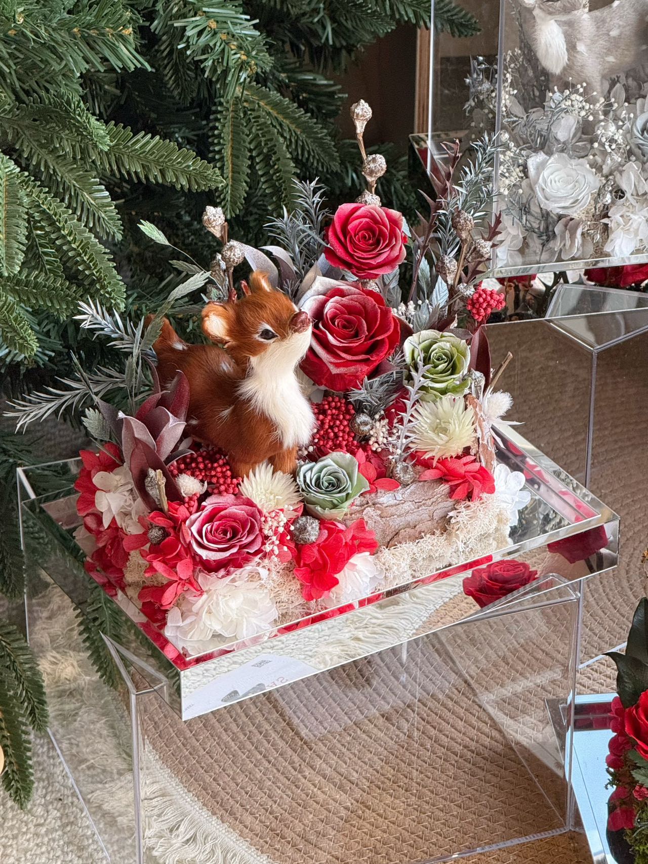 Christmas forest flower box with Christmas deer and rose gift of everlasting roses