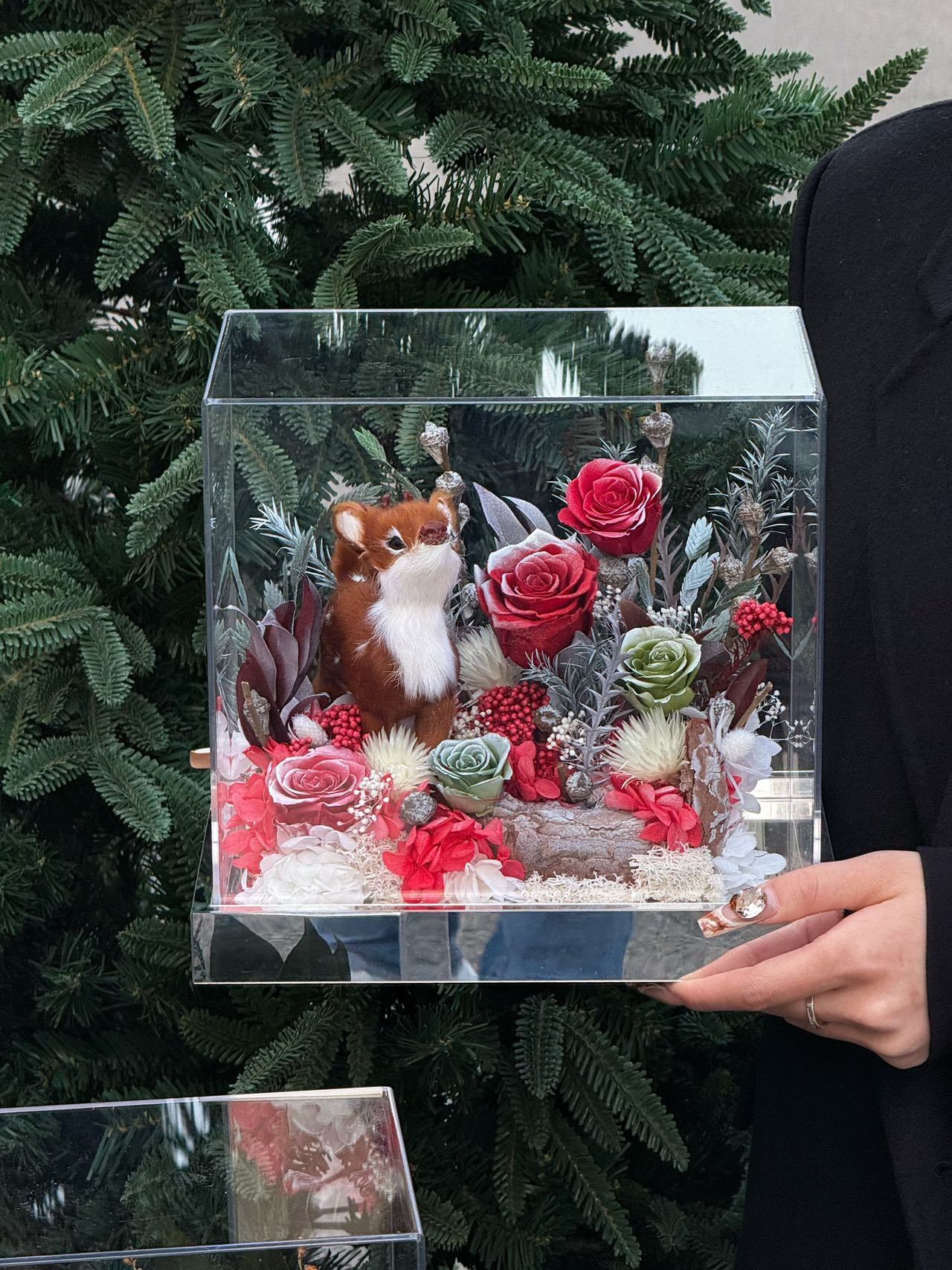 Christmas forest flower box with Christmas deer and rose gift of everlasting roses