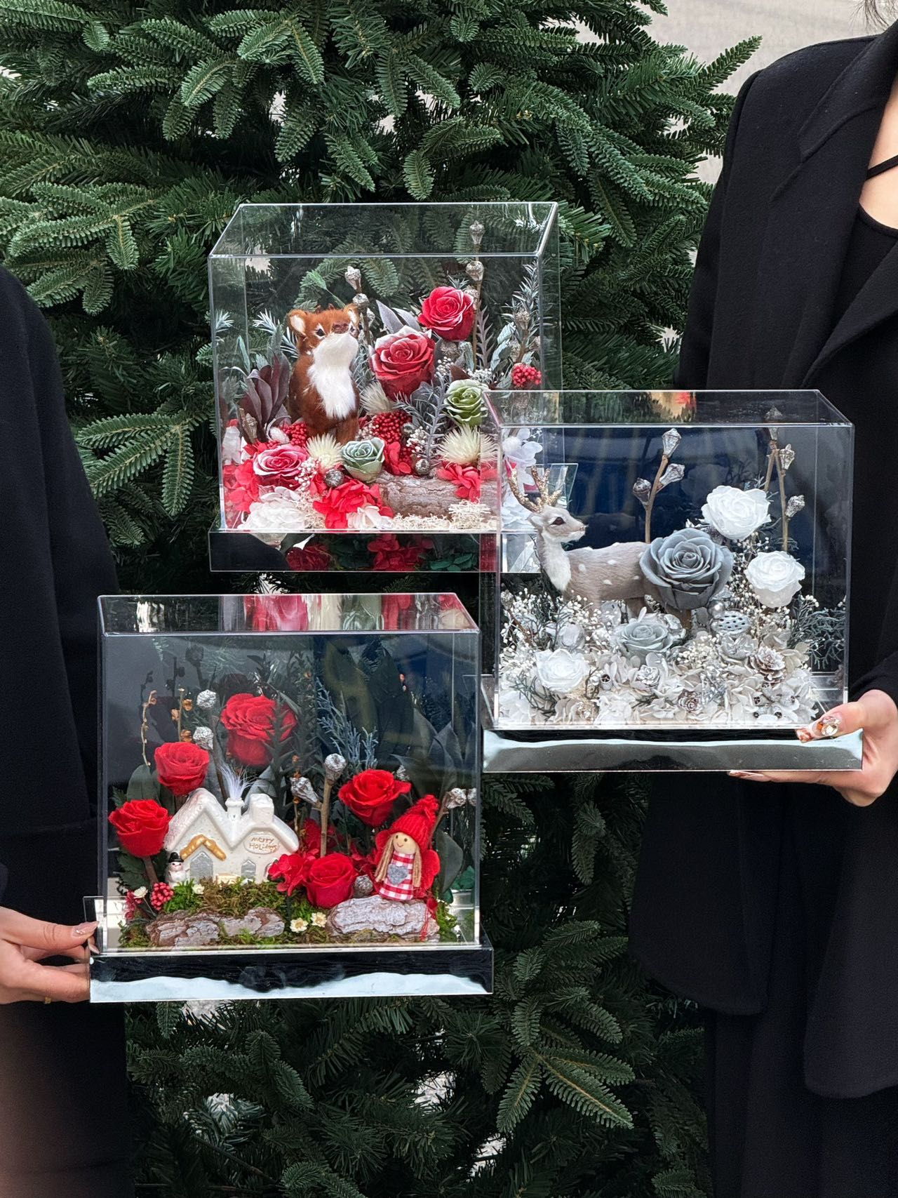 Christmas forest flower box with Christmas deer and rose gift of everlasting roses