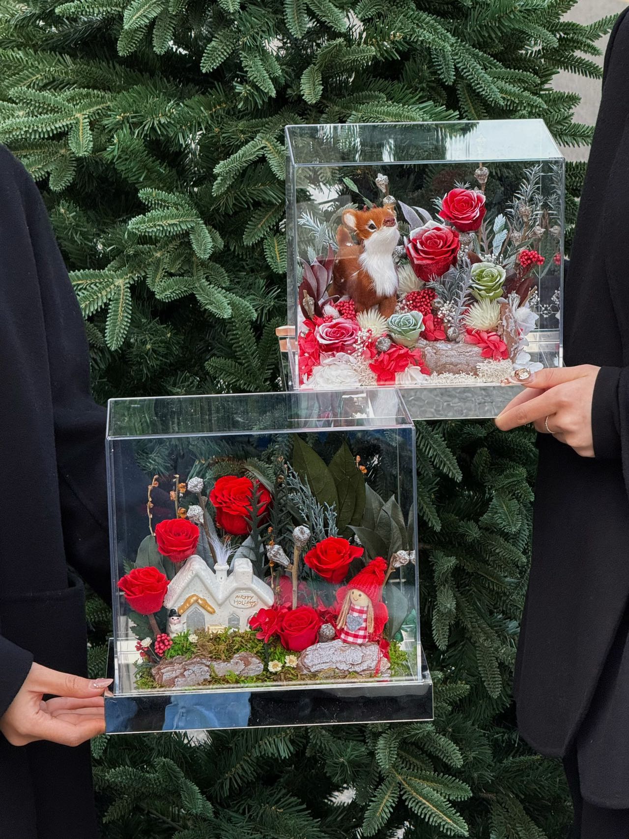 Christmas forest flower box with Christmas deer and rose gift of everlasting roses