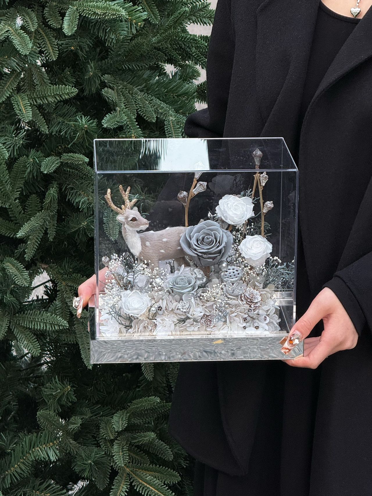 Christmas forest flower box with Christmas deer and rose gift of everlasting roses