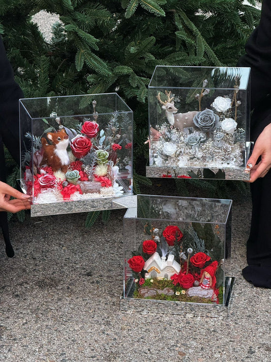 Christmas forest flower box with Christmas deer and rose gift of everlasting roses