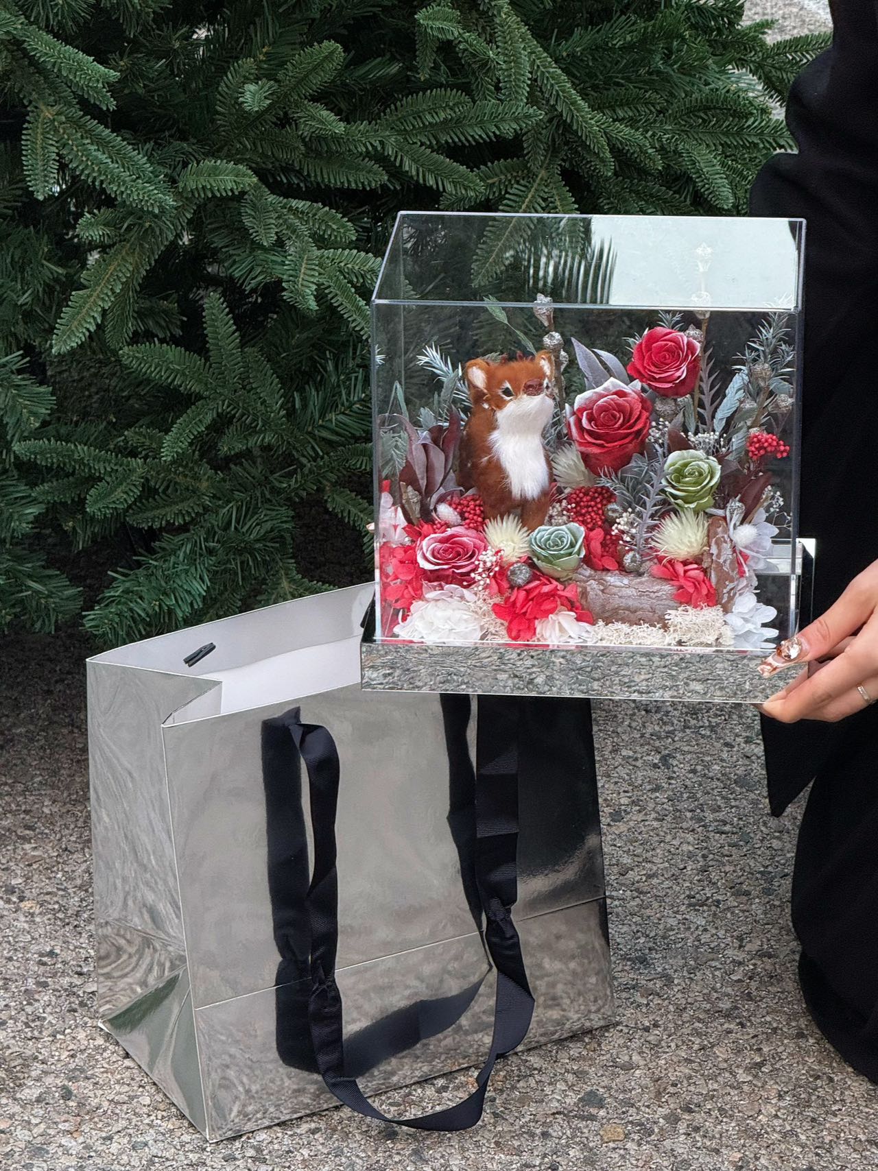 Christmas forest flower box with Christmas deer and rose gift of everlasting roses