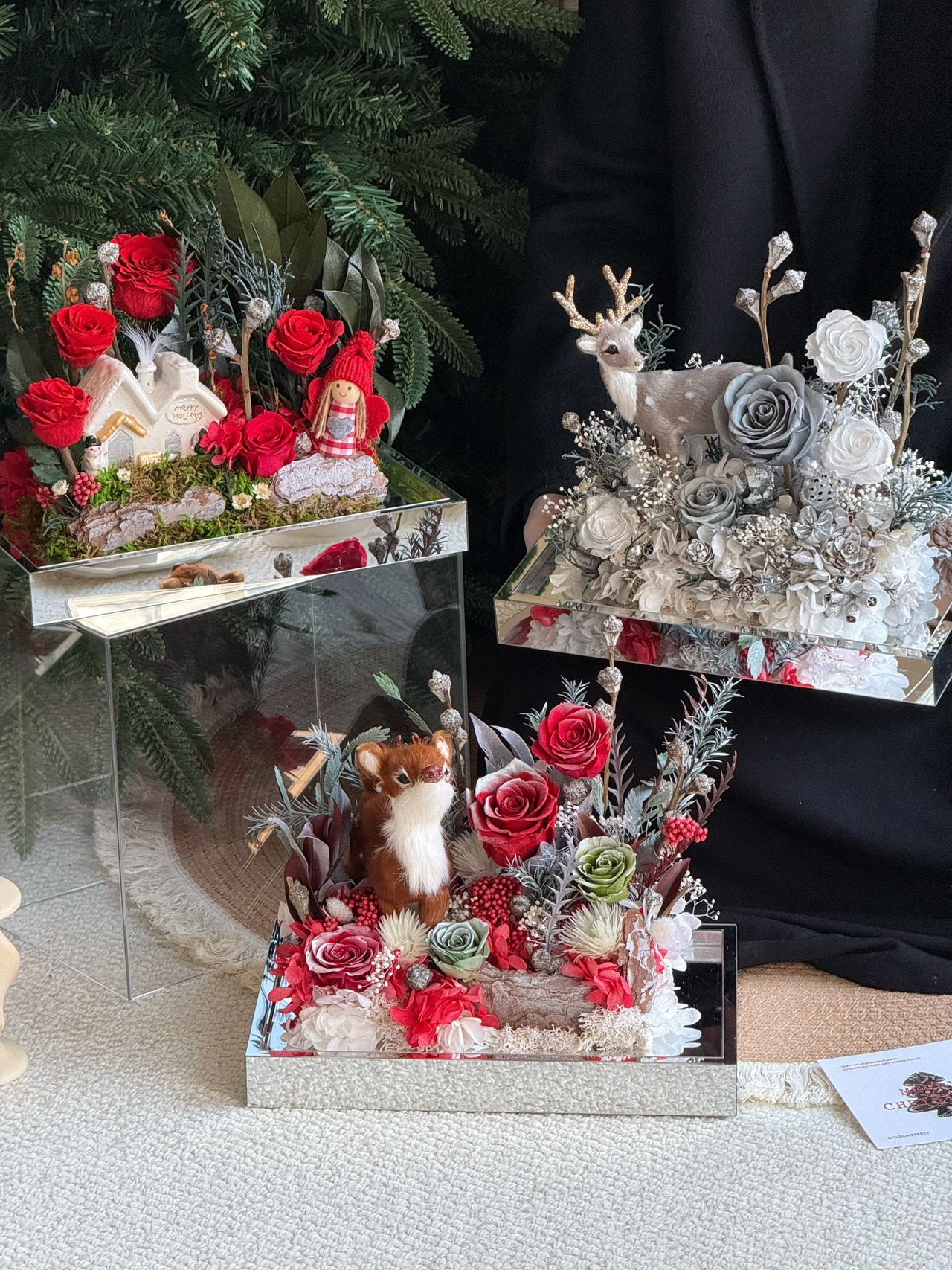 Christmas forest flower box with Christmas deer and rose gift of everlasting roses