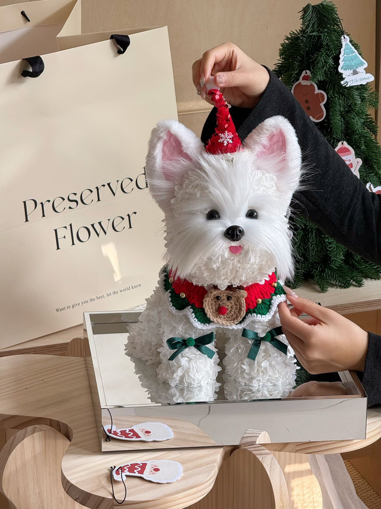 Cute puppy preserved flower doll gift high-end luxury acrylic gift box for daughter and child gift