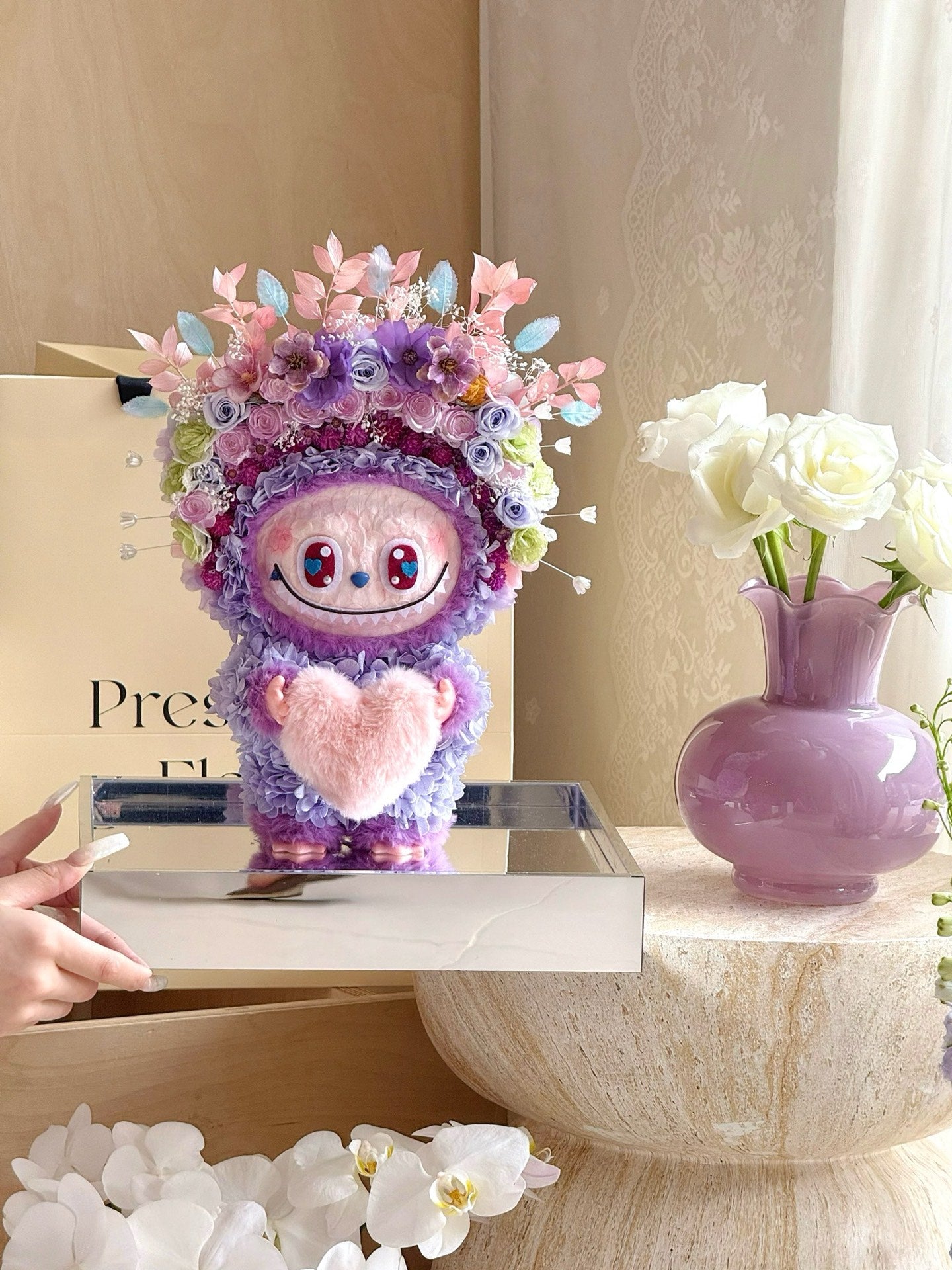 Preserved flower rose labubu doll real flower gift box high-end luxury birthday gift for children and girlfriend