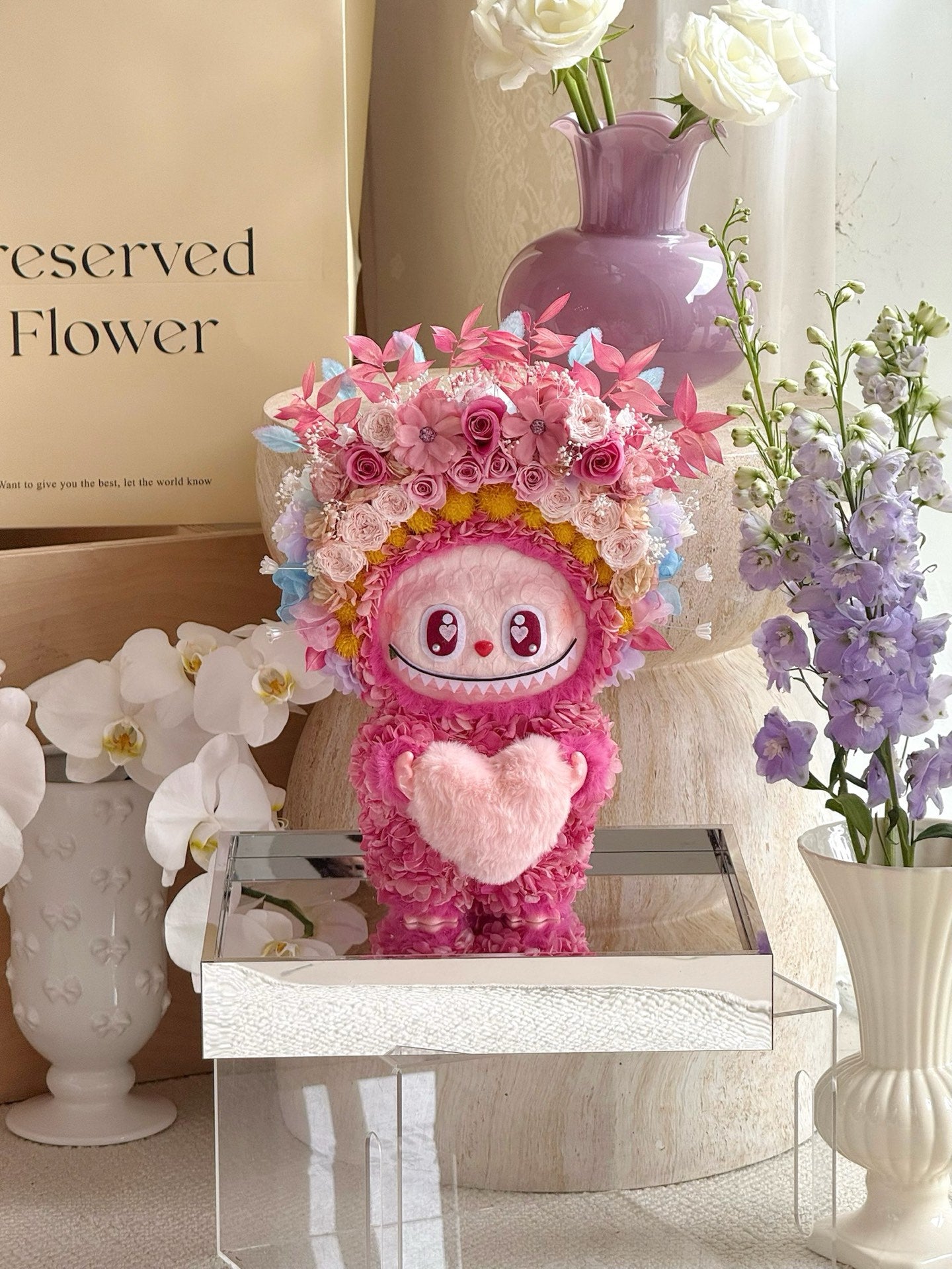 Preserved flower rose labubu doll real flower gift box high-end luxury birthday gift for children and girlfriend